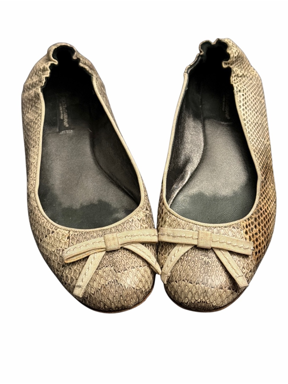 Dolce & Gabbana Taupe Snake-Embossed Ballet Flats with Bow Women’s 8